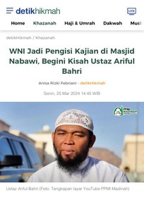 Liputan media detikHikmah tentang WNI pengisi kajian di Masjid Nabawi, disertai kredit foto PPMI Madinah